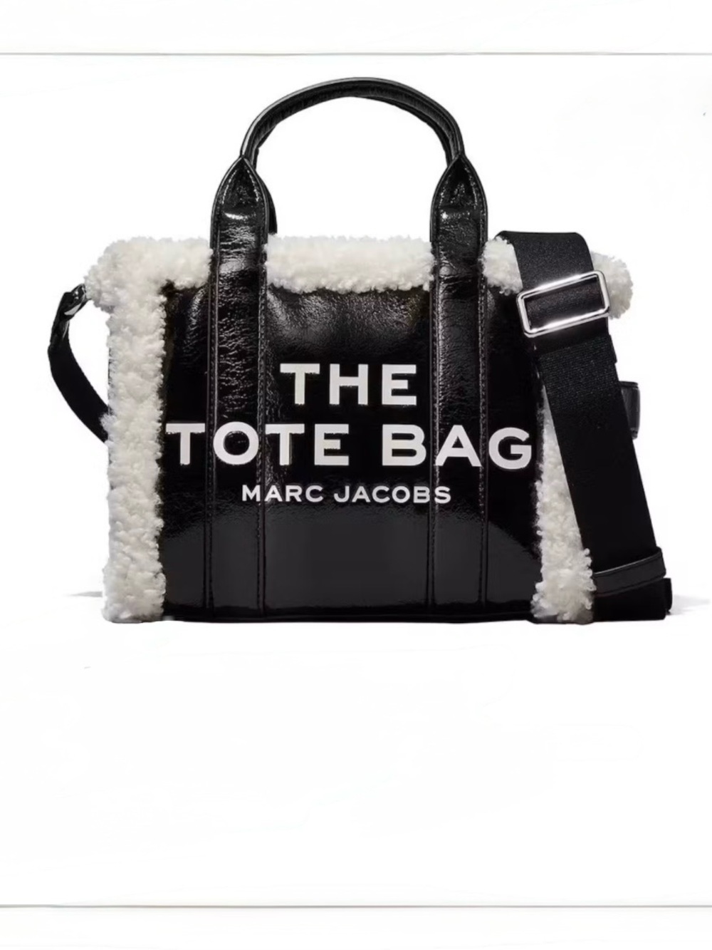 MARC JACOBS Patent Leather
Shearling The Tote Bag, black and white